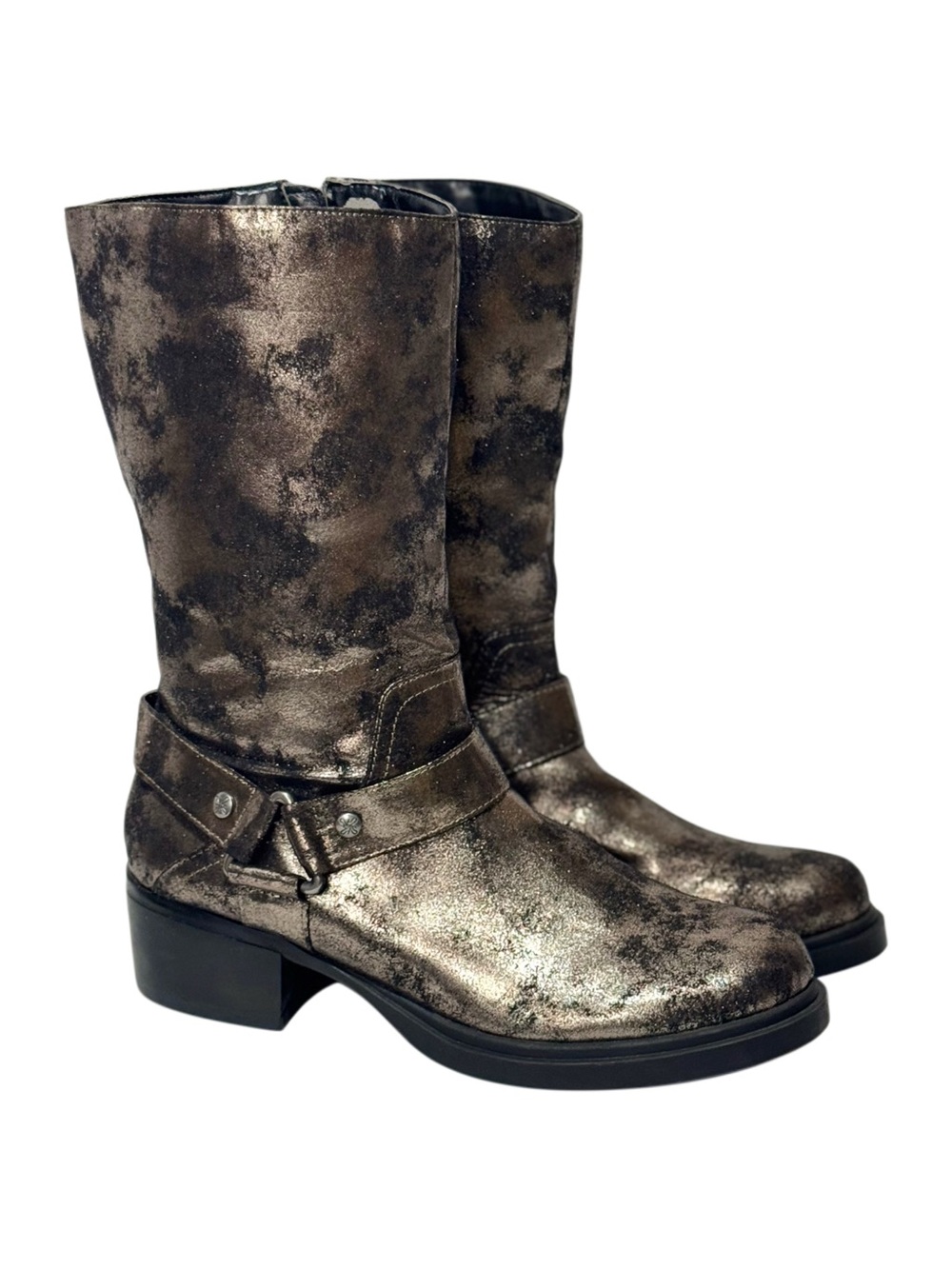 Simply Vera Wang Metallic Harness Mid-Calf Moto Boot Gold Black 8.5